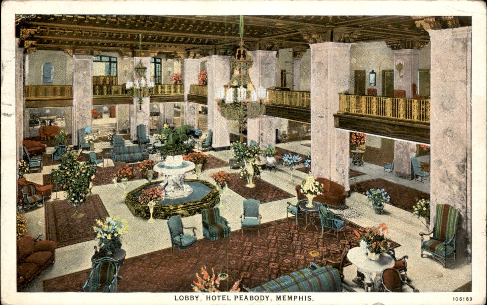 Memphis TN Hotel Lobby Hotel Peabody Curt Teich c1930s-40s Vintage Postcard