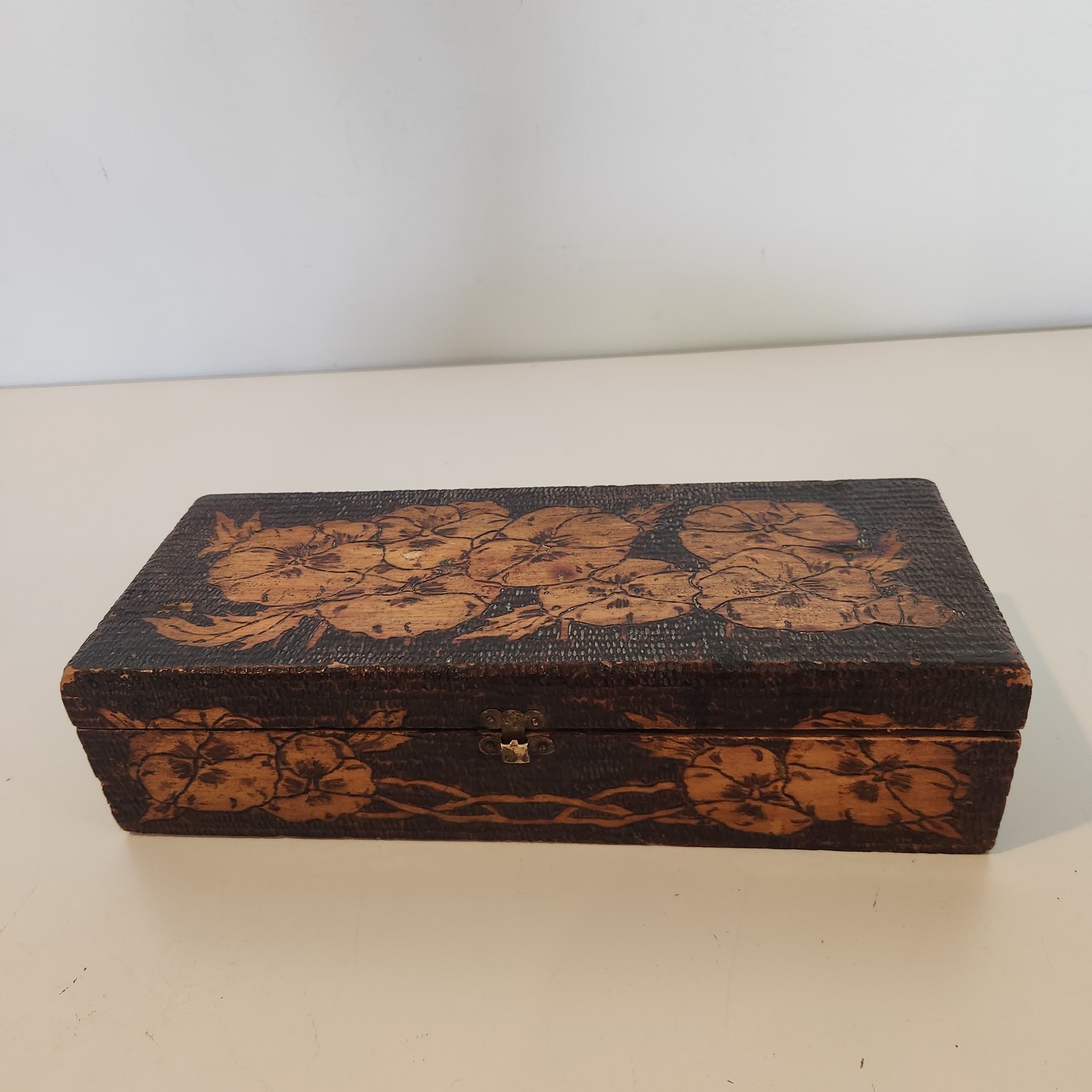 Vintage Pyrography Wood Box Hand Carved Wood Burned Folk Art Trinket Box Vintage Pyrography Wood Box Hand Carved Wood Burned Folk Art Trinket Box