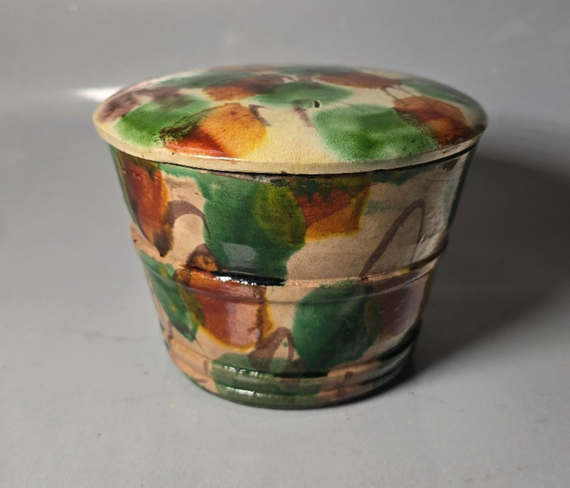 Antique Japanese Awaji Ware Lidded Pot Sancai Egg Spinach Glaze