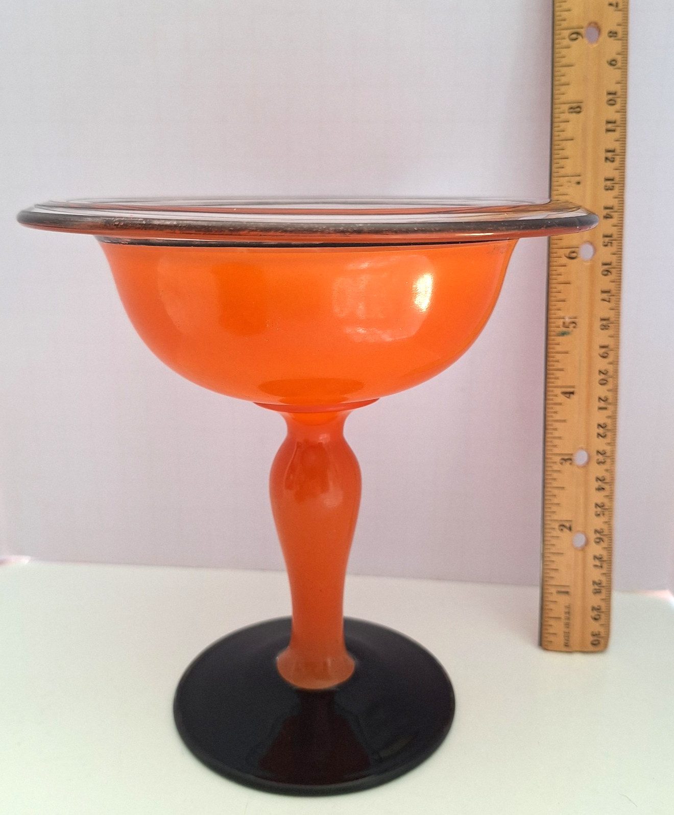 1930s Vintage Czech Glass Pedestal Bowl Halloween Orange w/Black Rim Base 6.5\