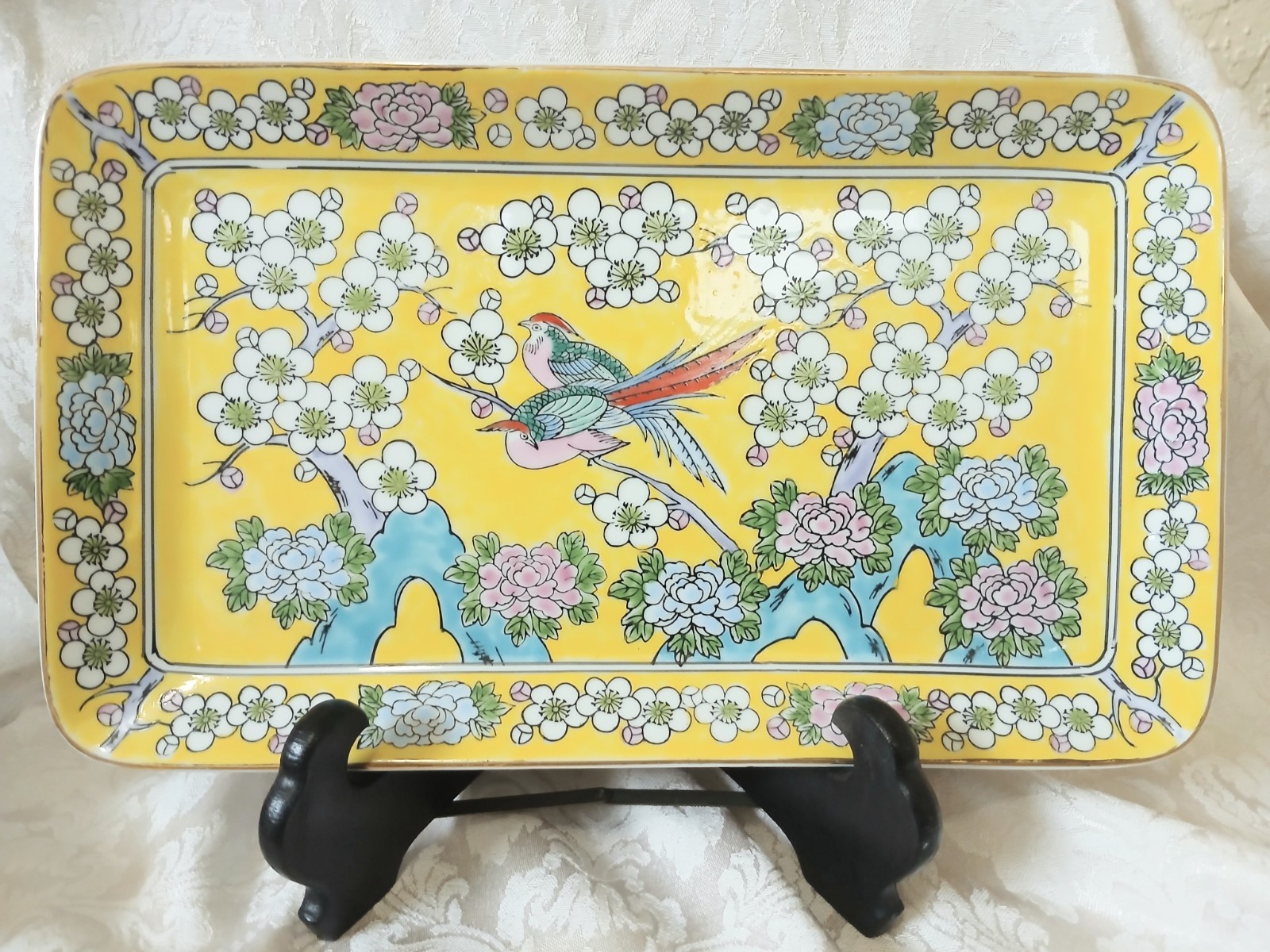 Vintage Asian Yellow Famille Porcelain Platter Rectangle Tray Blossoms Bird Vintage Asian Yellow Famille Porcelain Platter Rectangle Tray Blossoms Bird