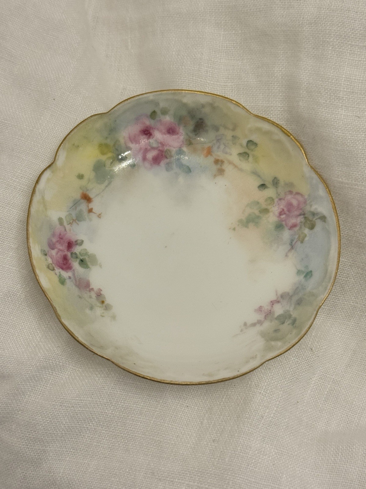 Antique Haviland Limoges France Butter Pat Hand Painted Pink Roses Gold Gilt 3