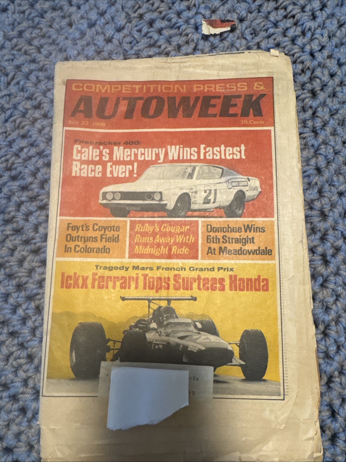 1968 Competition Press Autoweek Cale Yarborough Ferrari F1 Vintage Racing