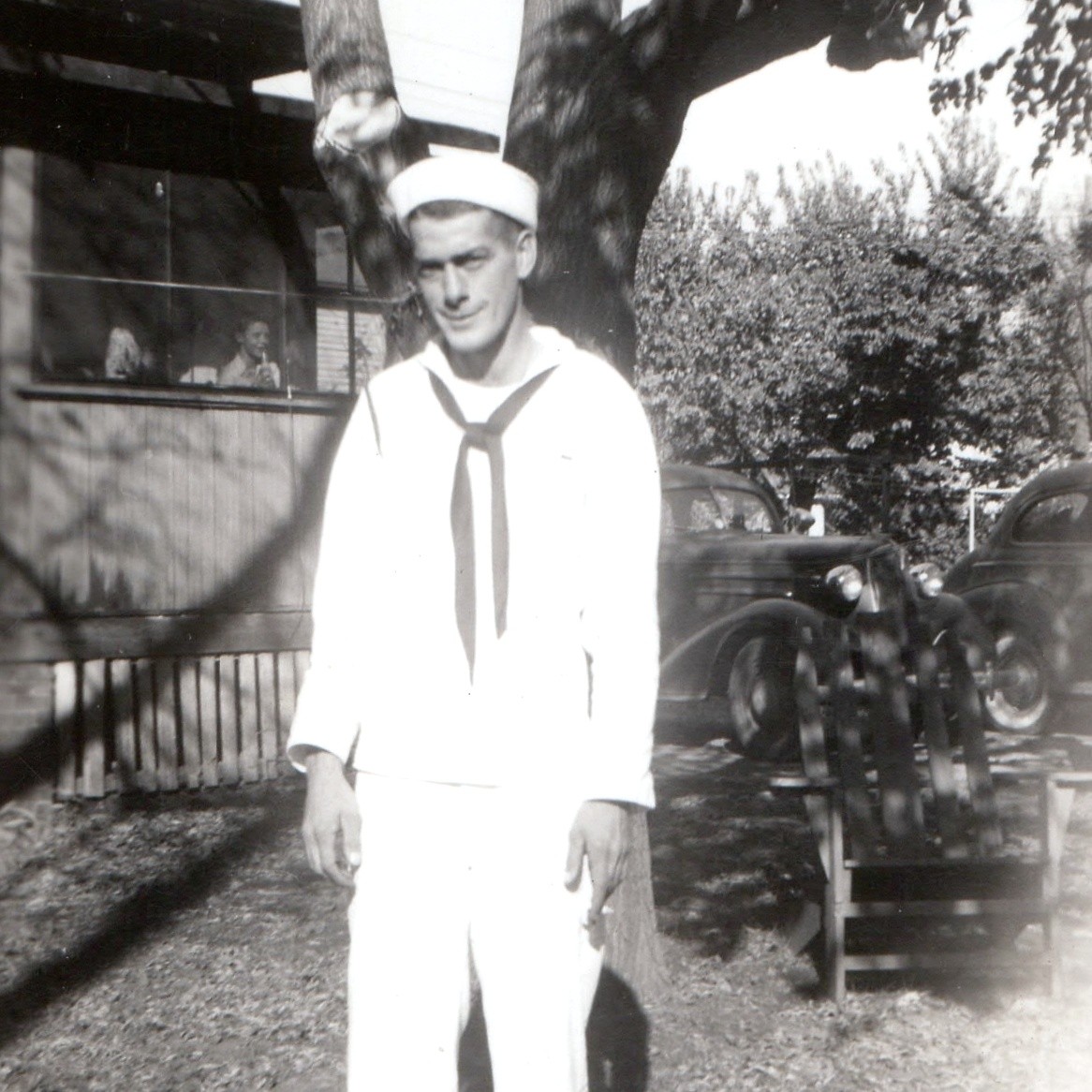 c1940s US Navy Sailor Dixie Cup Uniform Snapshot Photo 1930s Auto Yard Porch Vtg c1940s US Navy Sailor Dixie Cup Uniform Snapshot Photo 1930s Auto Yard Porch Vtg