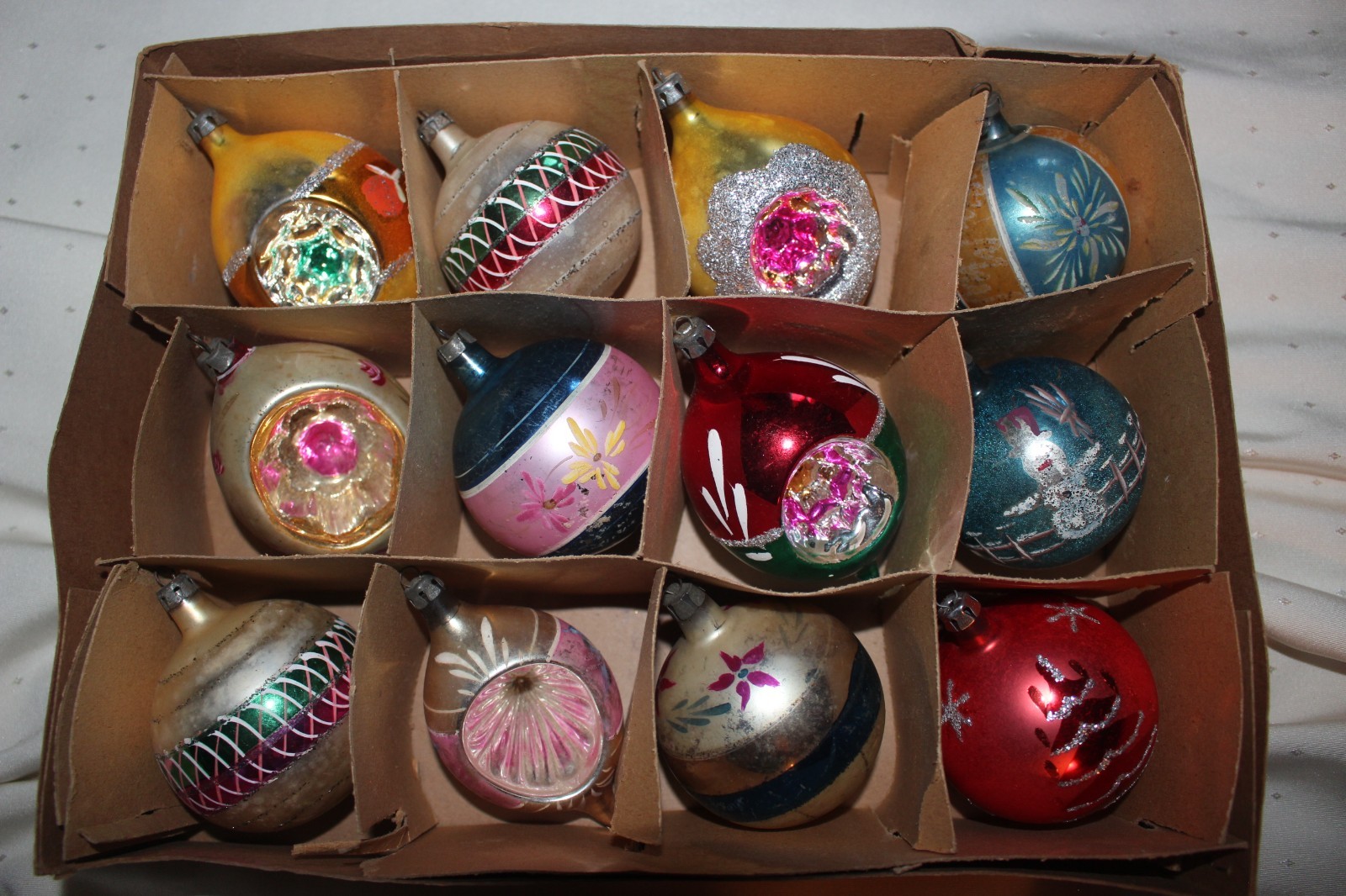 12 Vintage Poland Jumbo Indent & Stenciled Christmas Tree Ornaments in Box