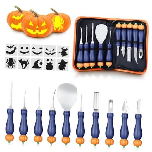 10 Piece Professional Halloween Pumpkin Carving Kit with Stencils, Heavy Blue
