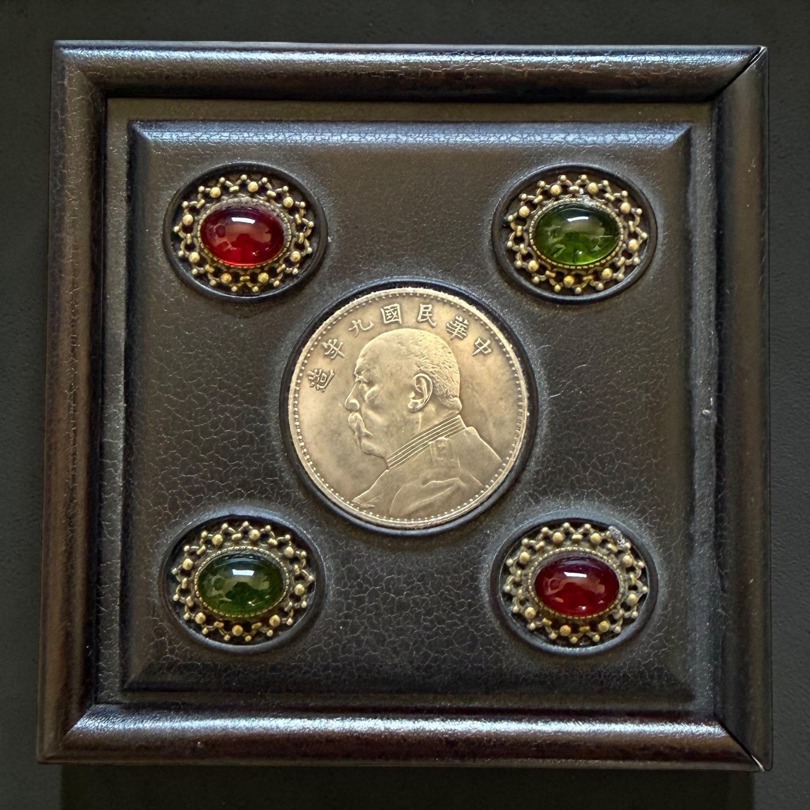 CHINESE COIN CARVED WOOD GEMSTONE JEWELRY BOX 5”x5” STASH BOX DECORATIVE