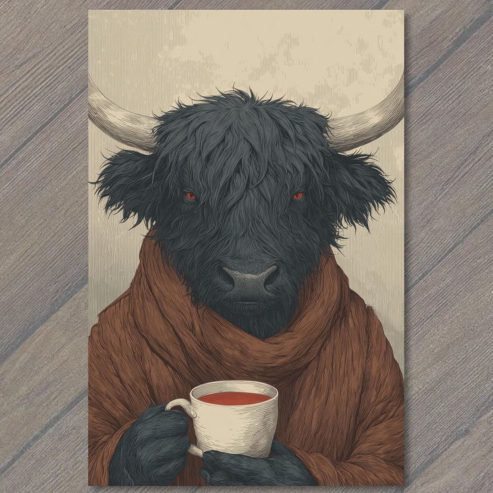 POSTCARD Highland Cow Bull Coffee Tea Mug Cozy Brown Robe Funny Animal