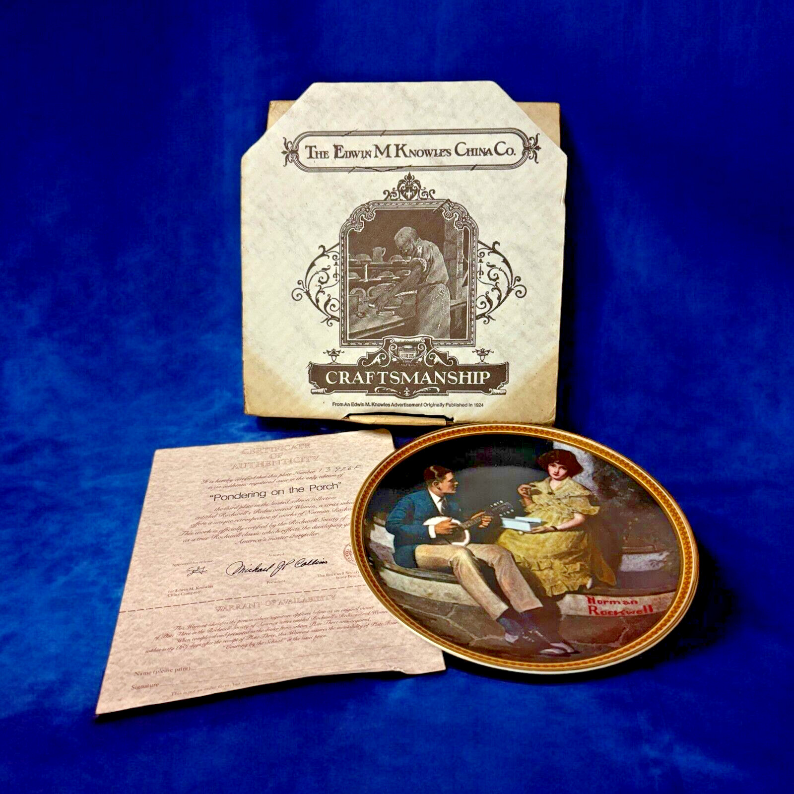 Norman Rockwell Vtg Plate 3rd Issue Pondering on the Porch #13976F w/Box & COA