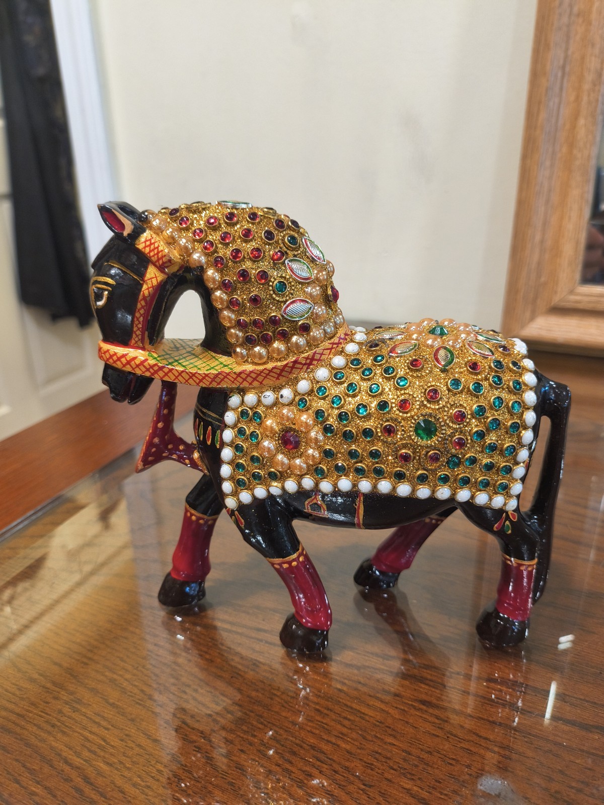 Handcrafted Indian Rajasthani Black Metal Horse Figurine Traditional Meenakari