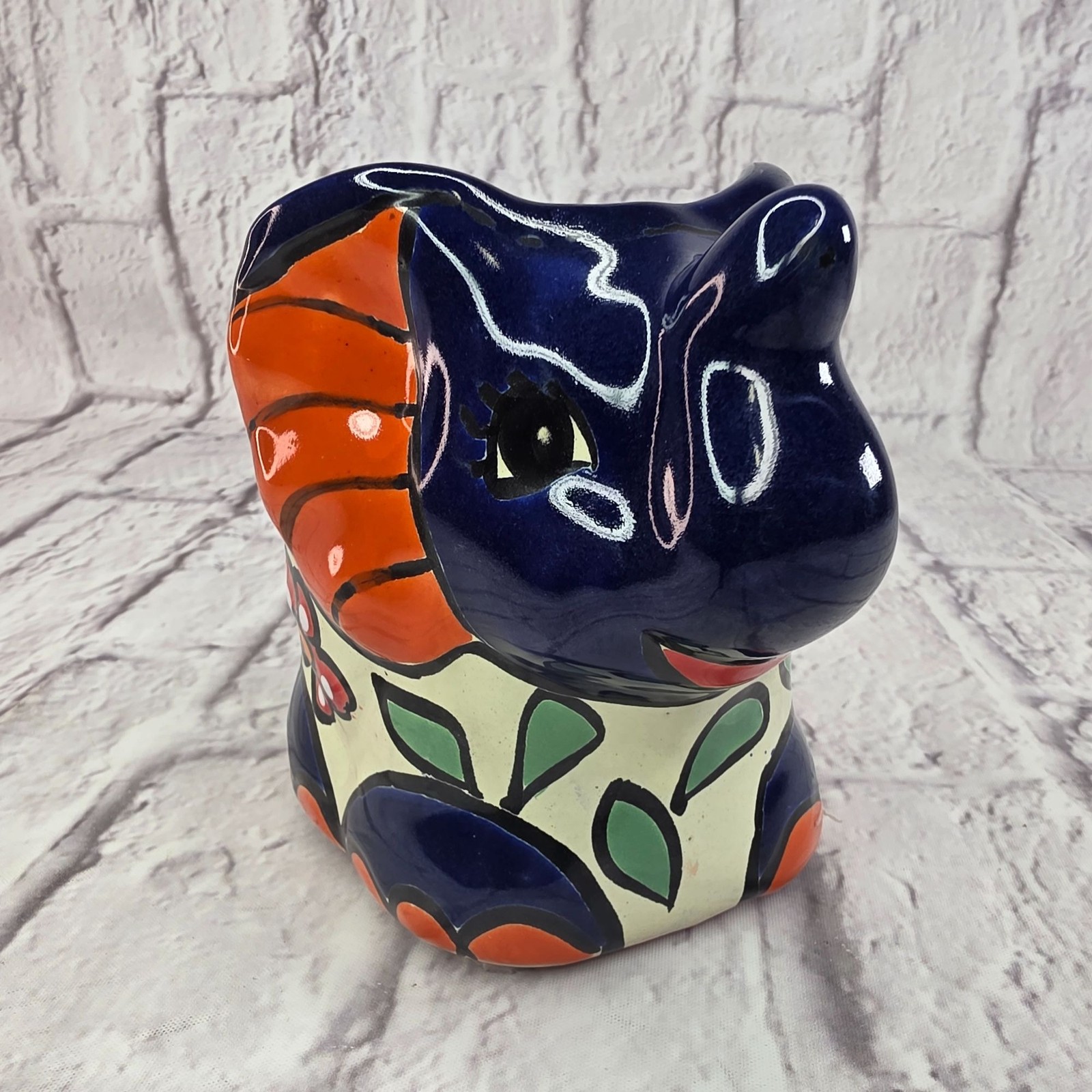 Vtg Talavera Elephant Flower Pot Small Hand-Painted Butterfly Floral Design Mexi