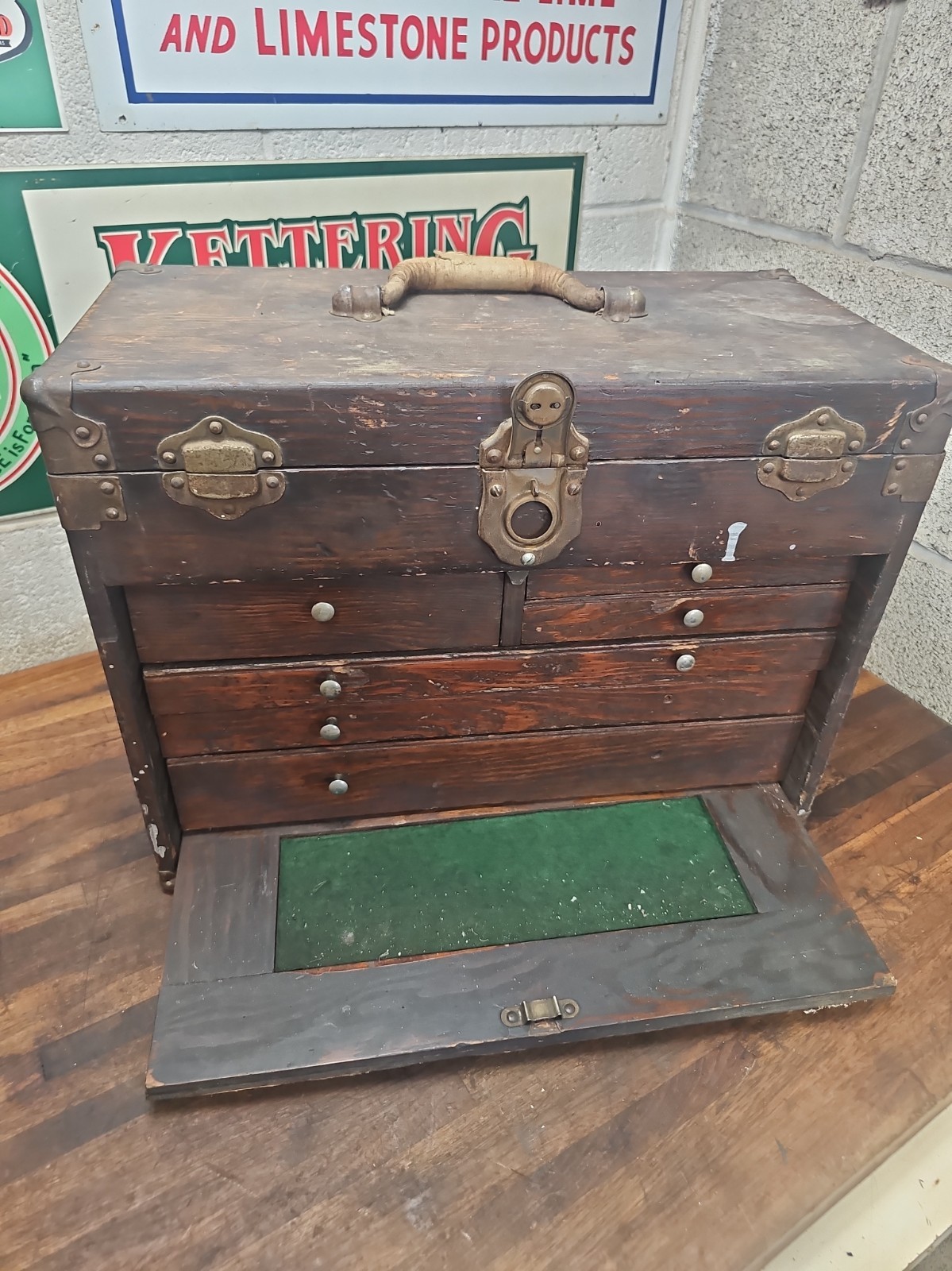 N36- Antique  WOOD MACHINIST TOOL CHEST 6 DRAWER BOX for Restore 18 x 13.5 x 9