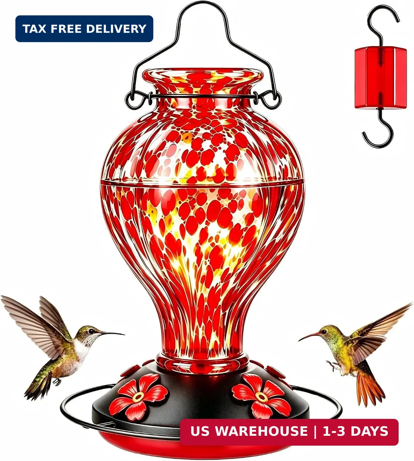 Hand Blown Glass Hummingbird Feeders for Outdoors Hanging, 24oz Wild Bird Nectar