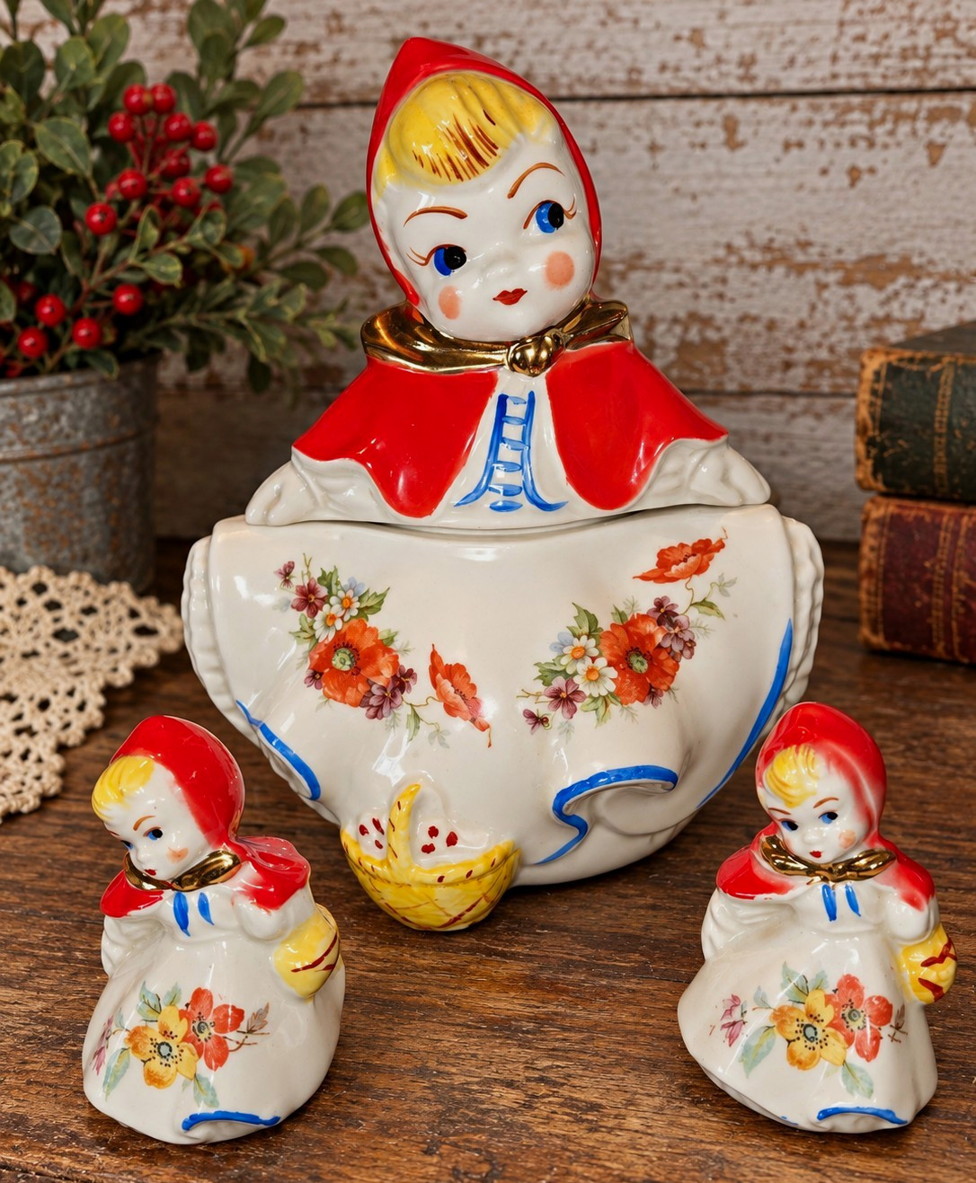 Hull Vintage Little Red Riding Hood Cookie Jar & Salt Pepper Shakers