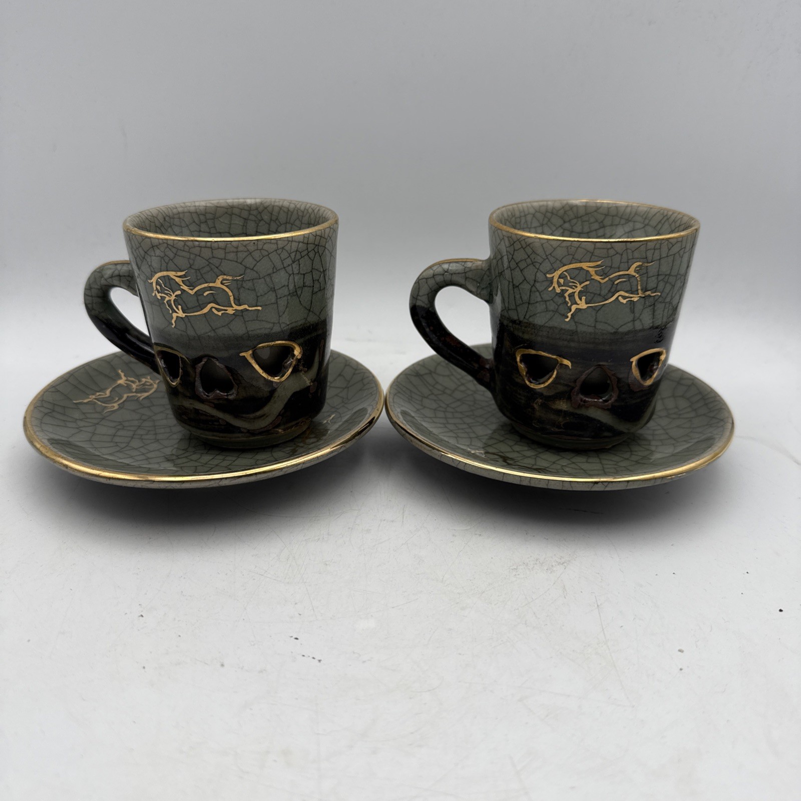 Japanese Somayaki Soma Ware Double Walled Gold Heart Cups And Plates - Set Of 2