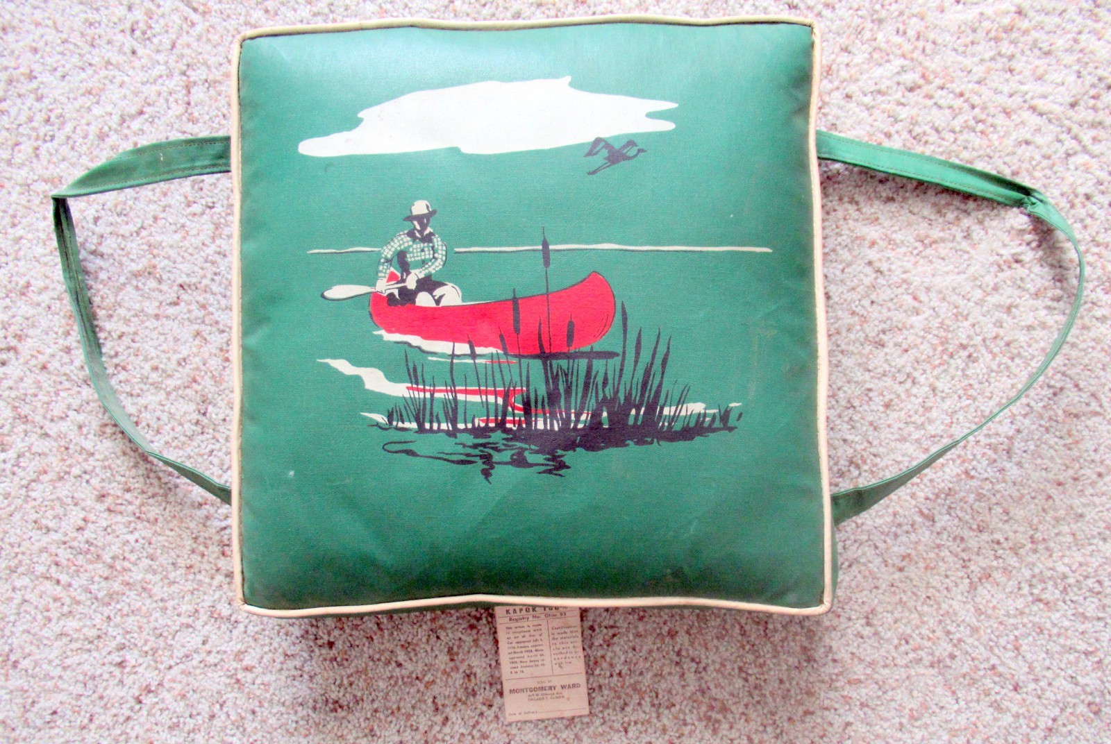 Vintage 1960s Tapatco Red Canoe Boating Green Vinyl Boat Seat Cushion VGC