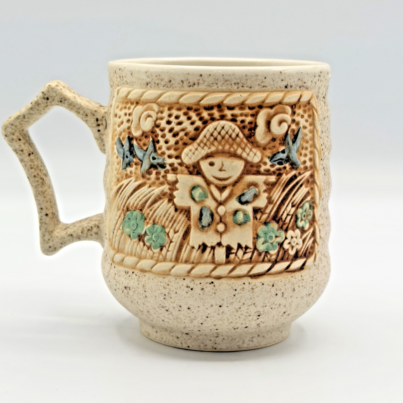 VTG 1970s Stoneware Mug Scarecrow Birds Folk Art Speckled Relief Coffee Cup