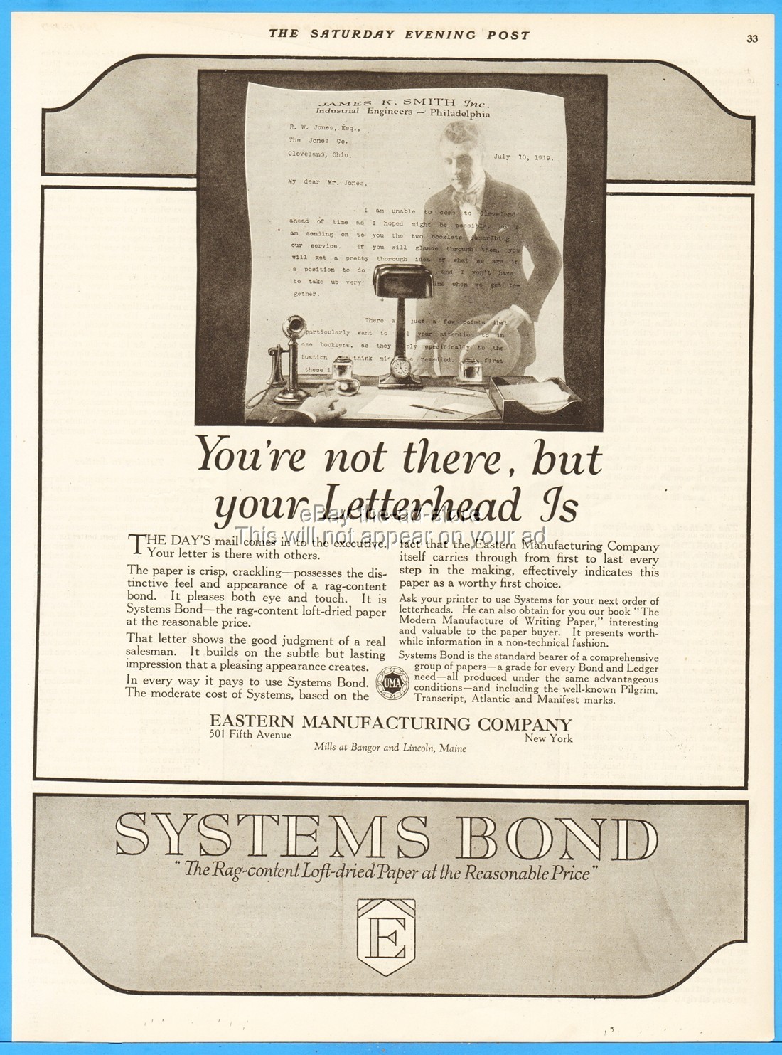 1919 Eastern Manufacturing Co Ad Bangor and Lincoln Maine Paper Mill Letterhead