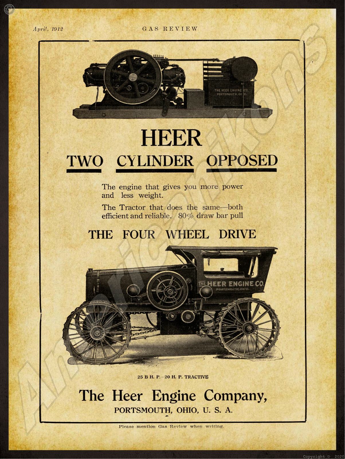 1912 Heer Engine Co. New Metal Sign: Tractive, Gas Engine -  Portsmouth, Ohio
