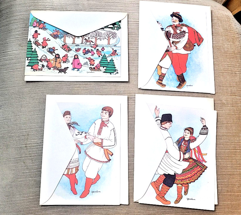 LOT OF 4 Vintage 1976 YAROSLAVA Surma Notecards + Envelopes, Old Ukrainian Dance
