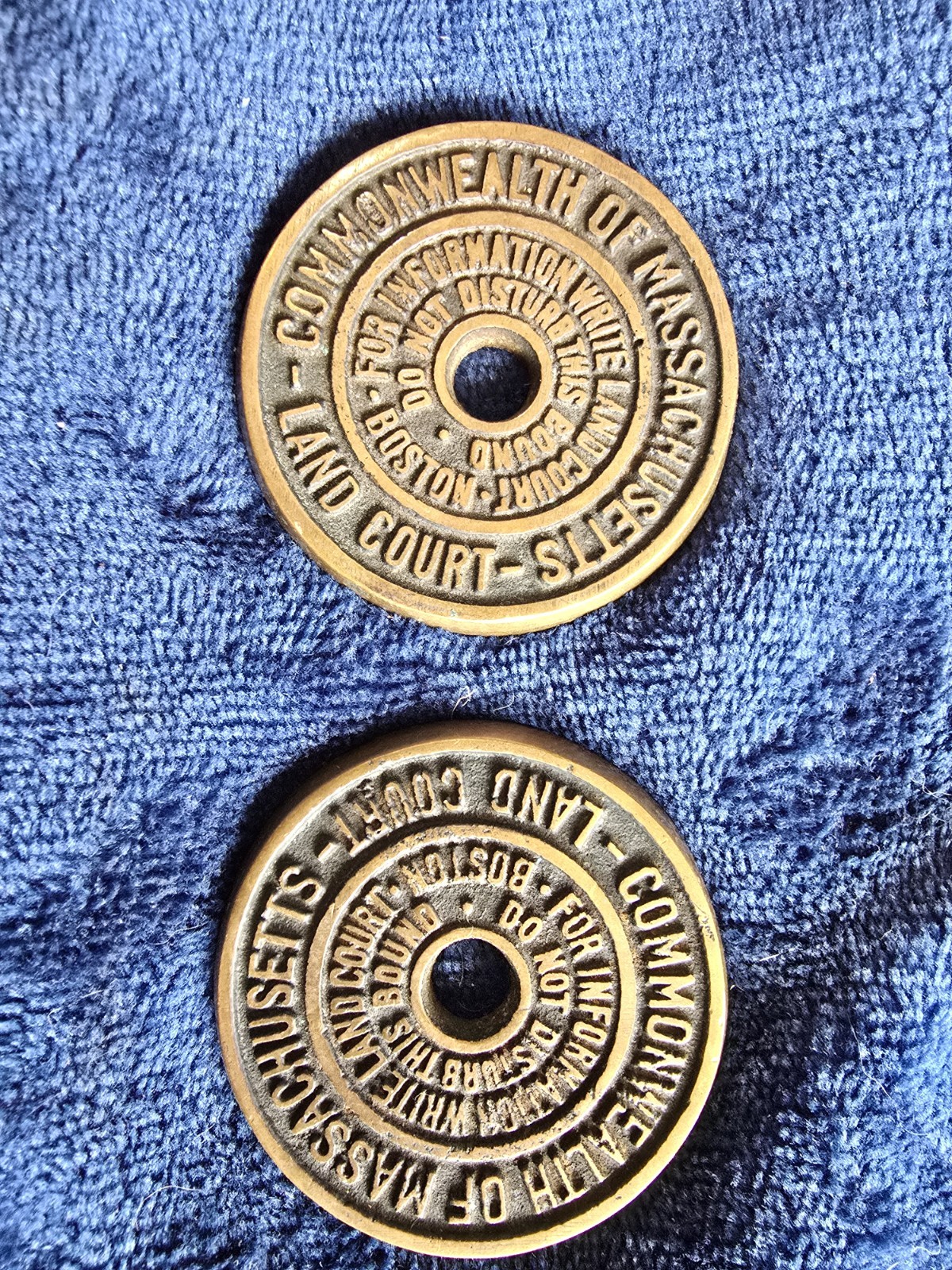 Pair Vintage Massachusetts Land Court Survey Marker Disks Boston MA Brass Bound