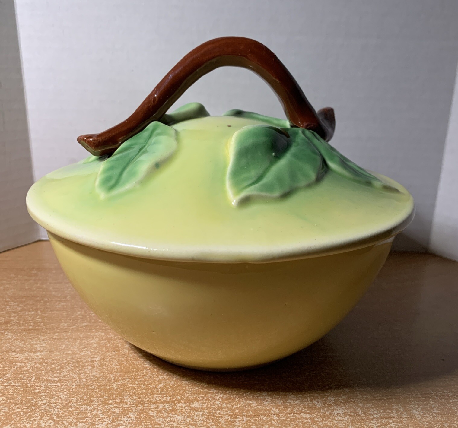 Belmar California Pottery Lidded Bowl 320 Yellow Vine Handle Vintage 40's