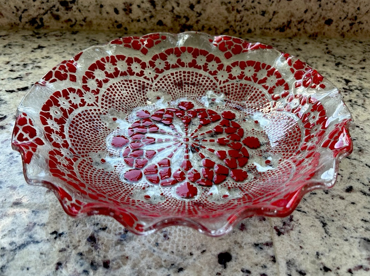 Vintage Ruby Red Lace Glass Bowl – 10” Scalloped Edge Dish