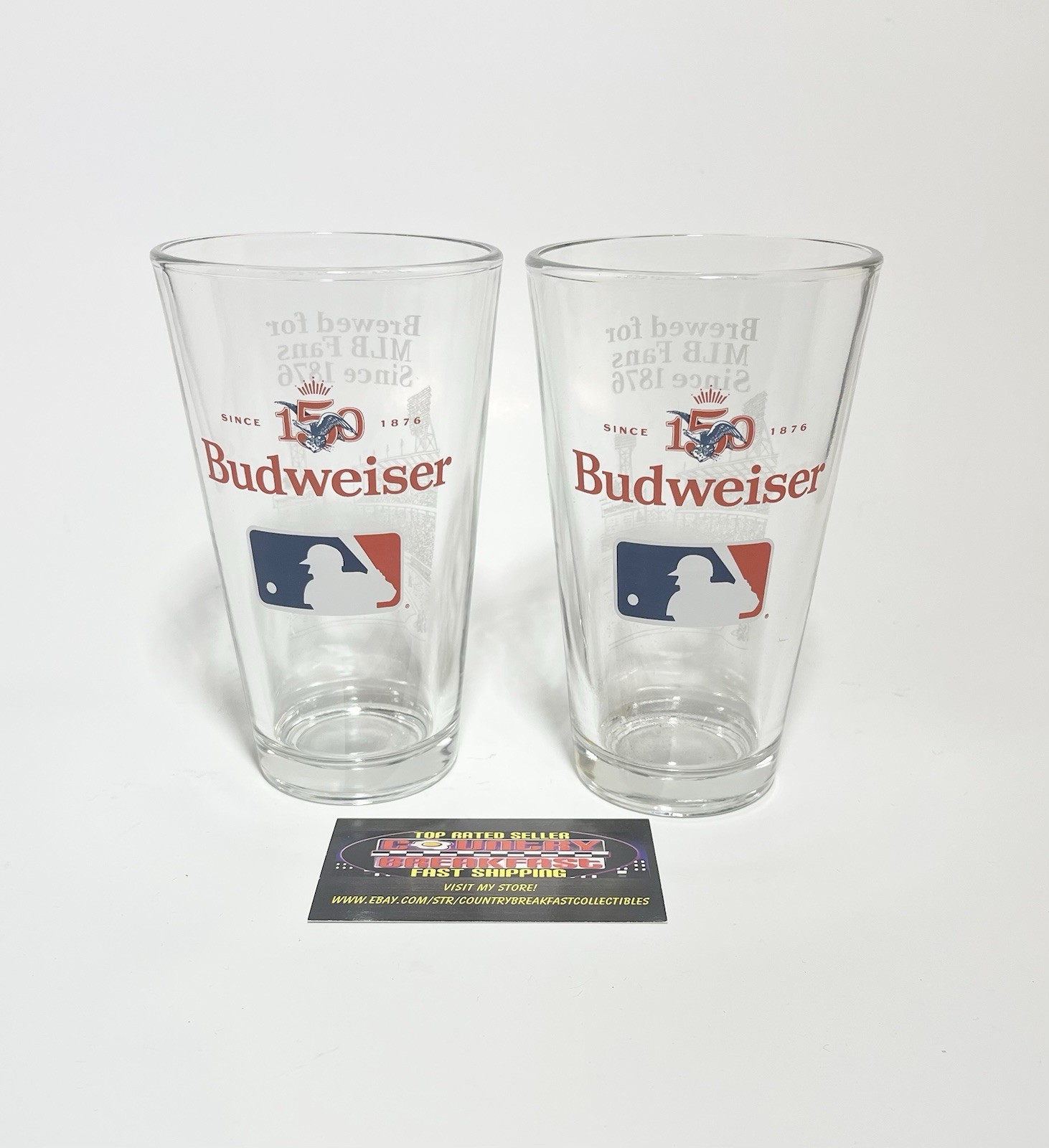 Budweiser 150th Anniversary MLB Baseball 16 Oz Pint Beer Glasses Set Of (2) New