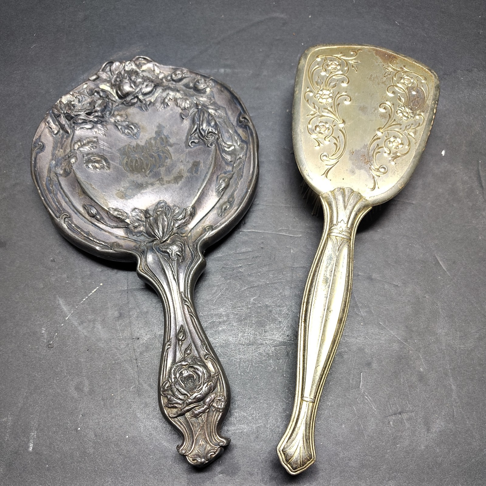 Antique Art Nouveau Hope Silver Co  Silverplate Hand Mirror & Brush Set