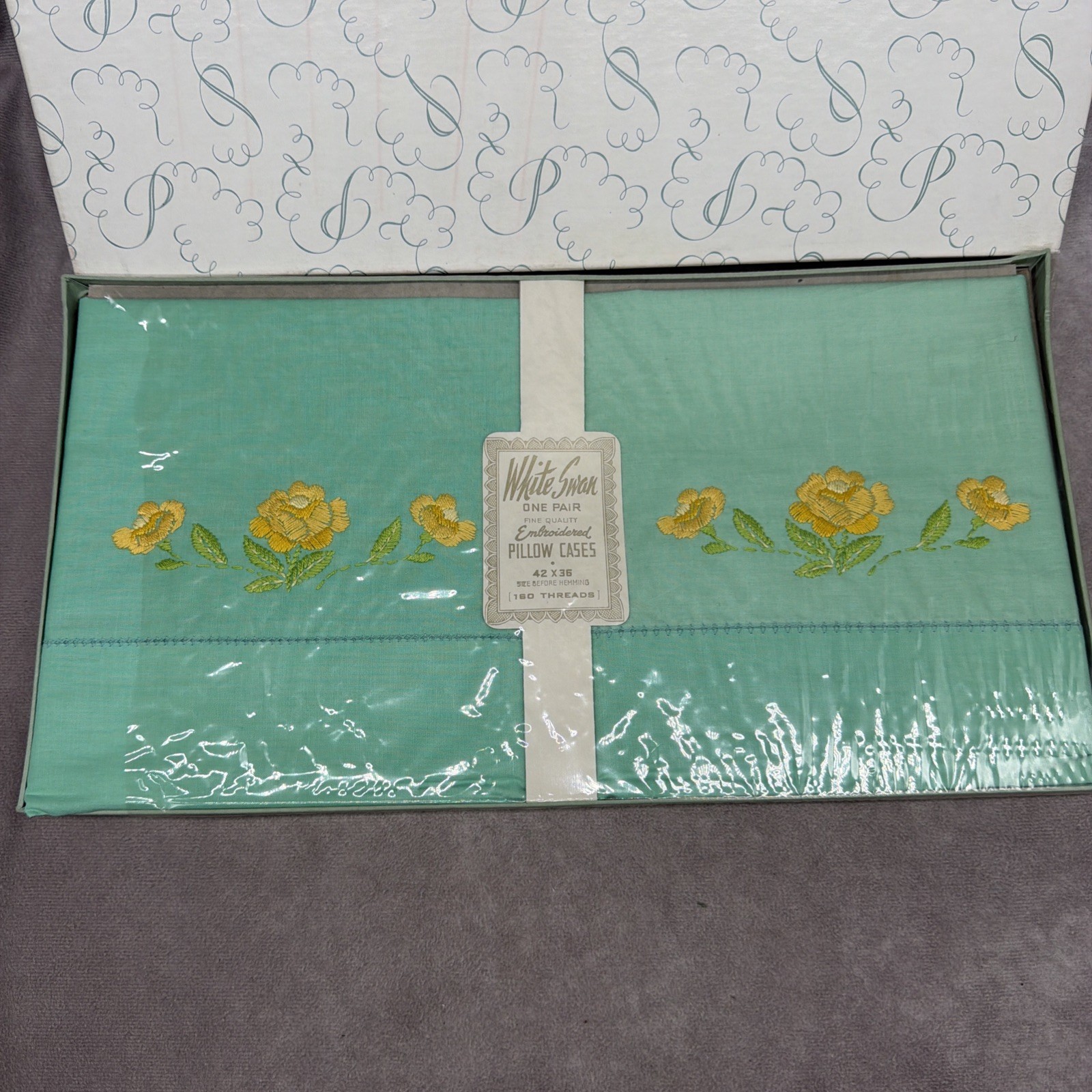 Vtg White Swan Embroidered Pillow Cases 42X36 Pair 160 Threads Mint Green Flower