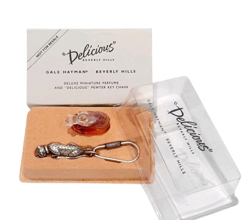 Vintage Gale Hayman Pewter Key Chain & Perfum Miniature Delicious Beverly Hills 