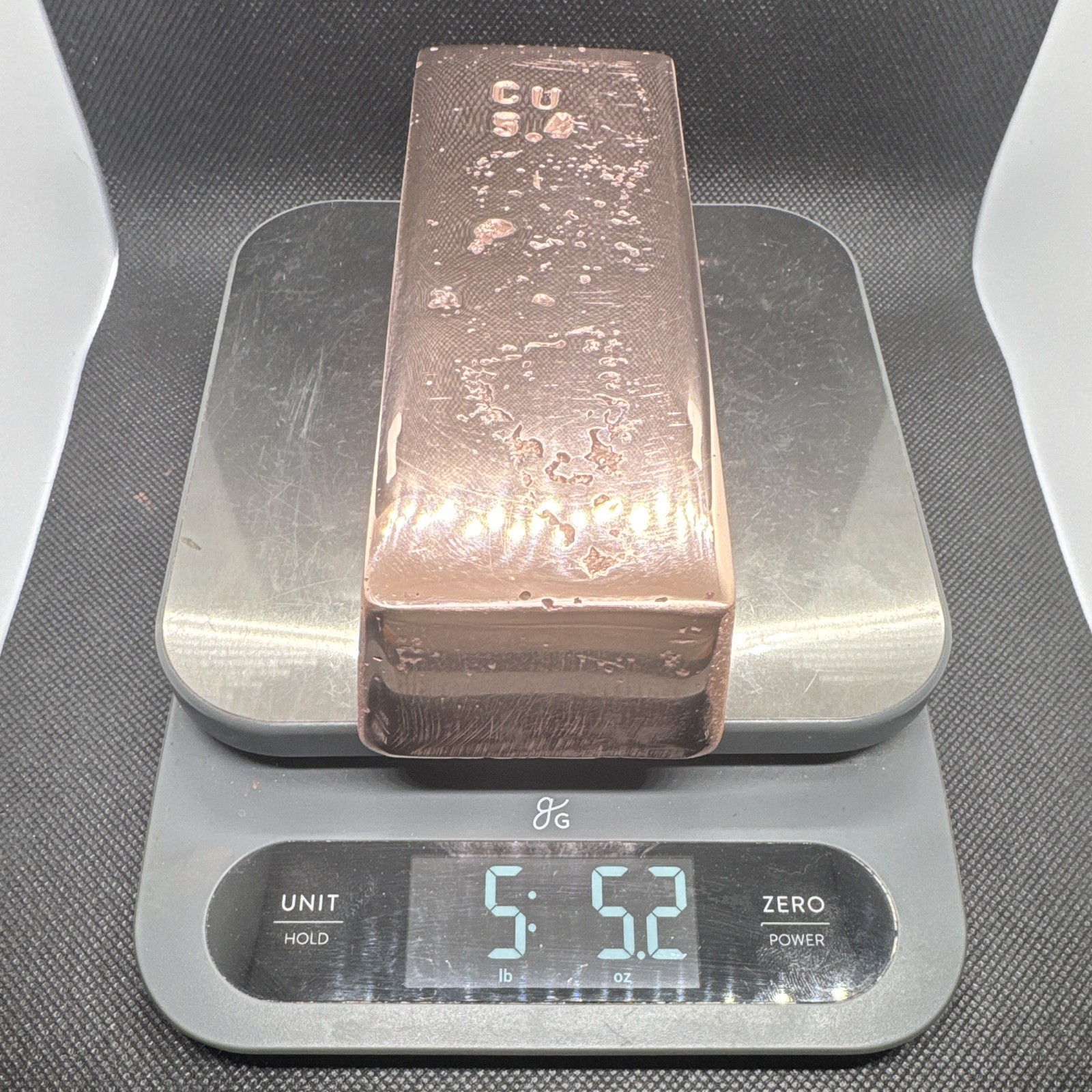 Copper Bar Ingot - Marked Cu 5.4 - Scale Reading Shows 5.52 Copper