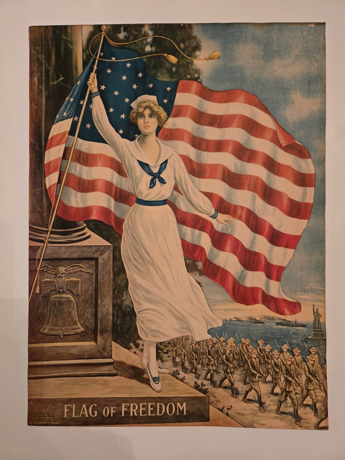 Antique 1918 WWI American Flag of Freedom Edward George Renesch Poster