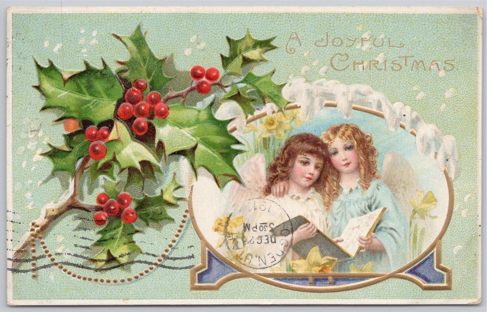 1911 Edwardian Christmas Postcard Two Angels Holly Icicles Embossed Springville