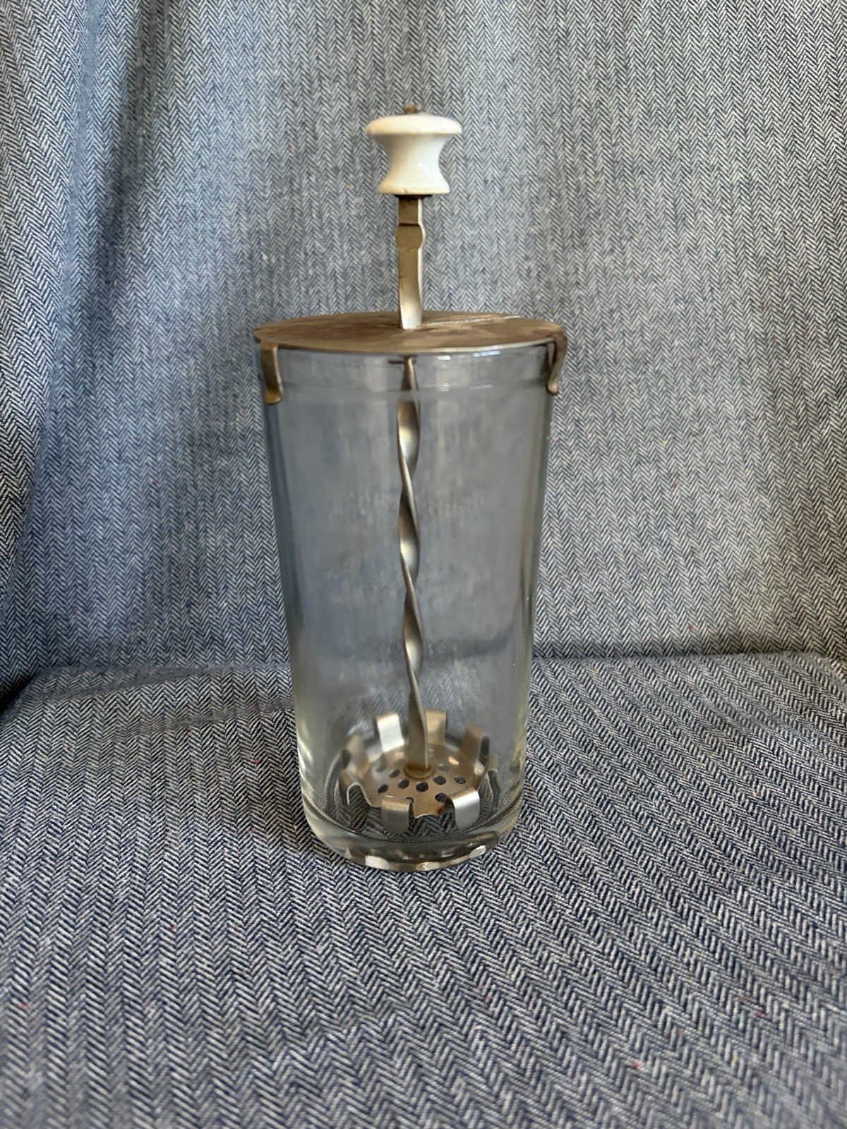 Antique Dunlap Cream Whipper Glass Jar Twisted Plunger Metal Lid Porcelain Knob