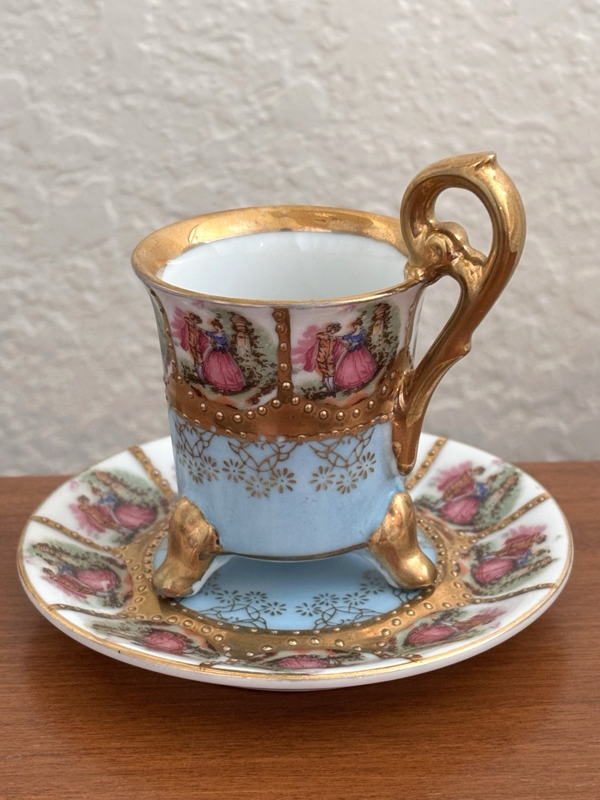 Vtg Fragonard Design Porcelain Footed Demitasse Cup & Saucer Gilt Accents Blue
