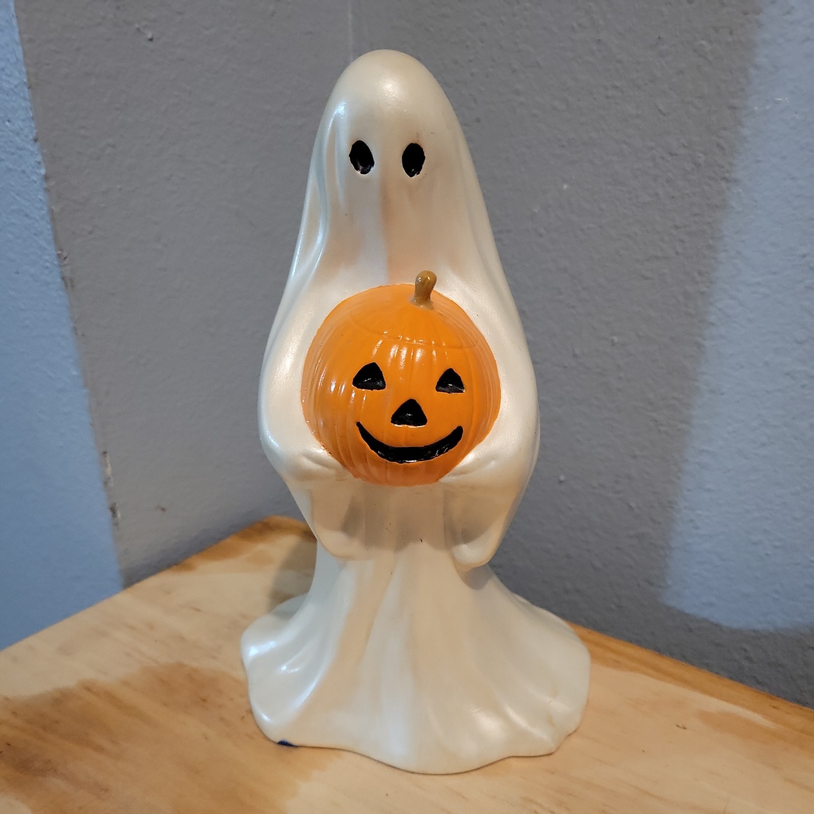 Vintage 1980s Ceramic Ghost Holding Pumpkin  Hobby Painted Mold Figure
