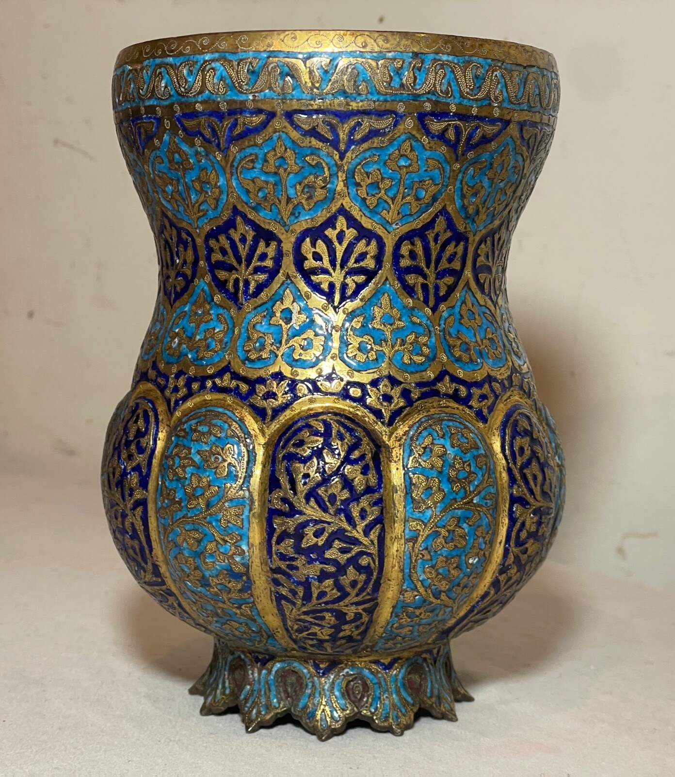 RARE Antique Ornate 18th Century Kashmir India Gold Gilt Copper Enameled Vase