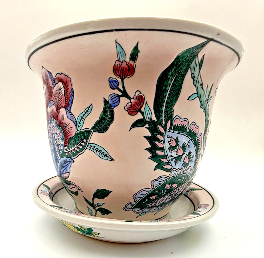 Vintage Chinoiserie Porcelain Planter Matching Saucer Pink Teal Peony Excellent