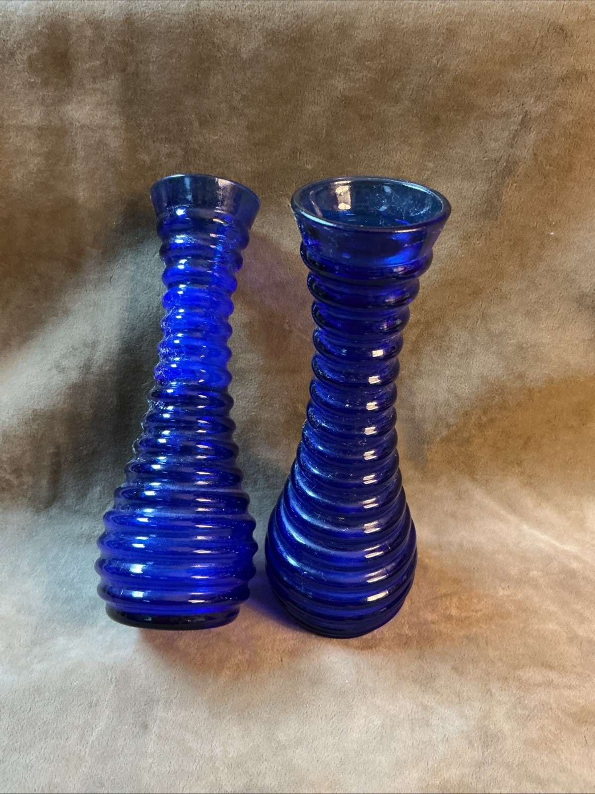 1930S Maryland Glass Company Art Deco Rings Design Bud Vase Pair Cobalt Blue