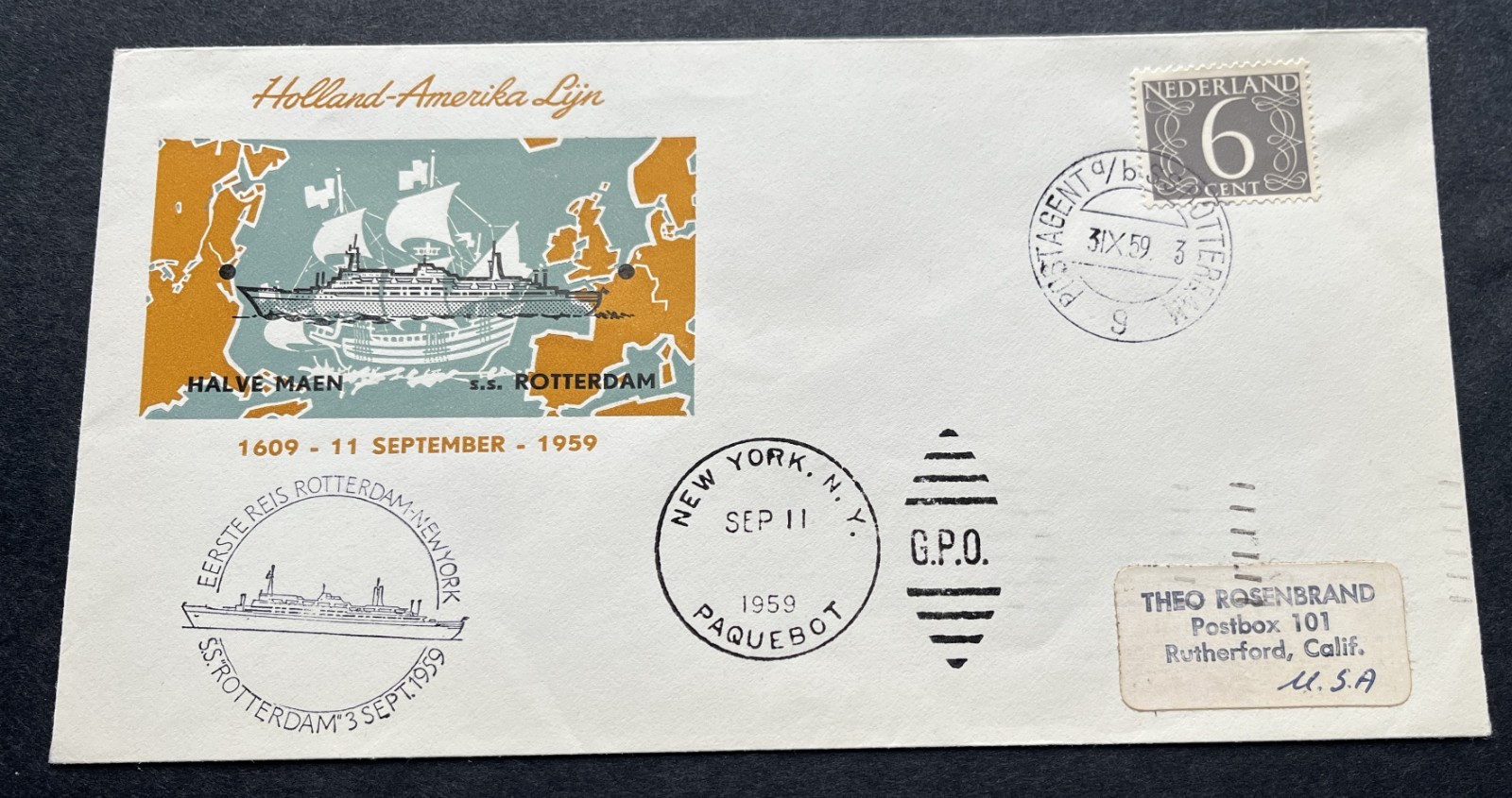 RARE Holland America Line Postmarked Envelope ss Rotterdam New York Sept 11 1959