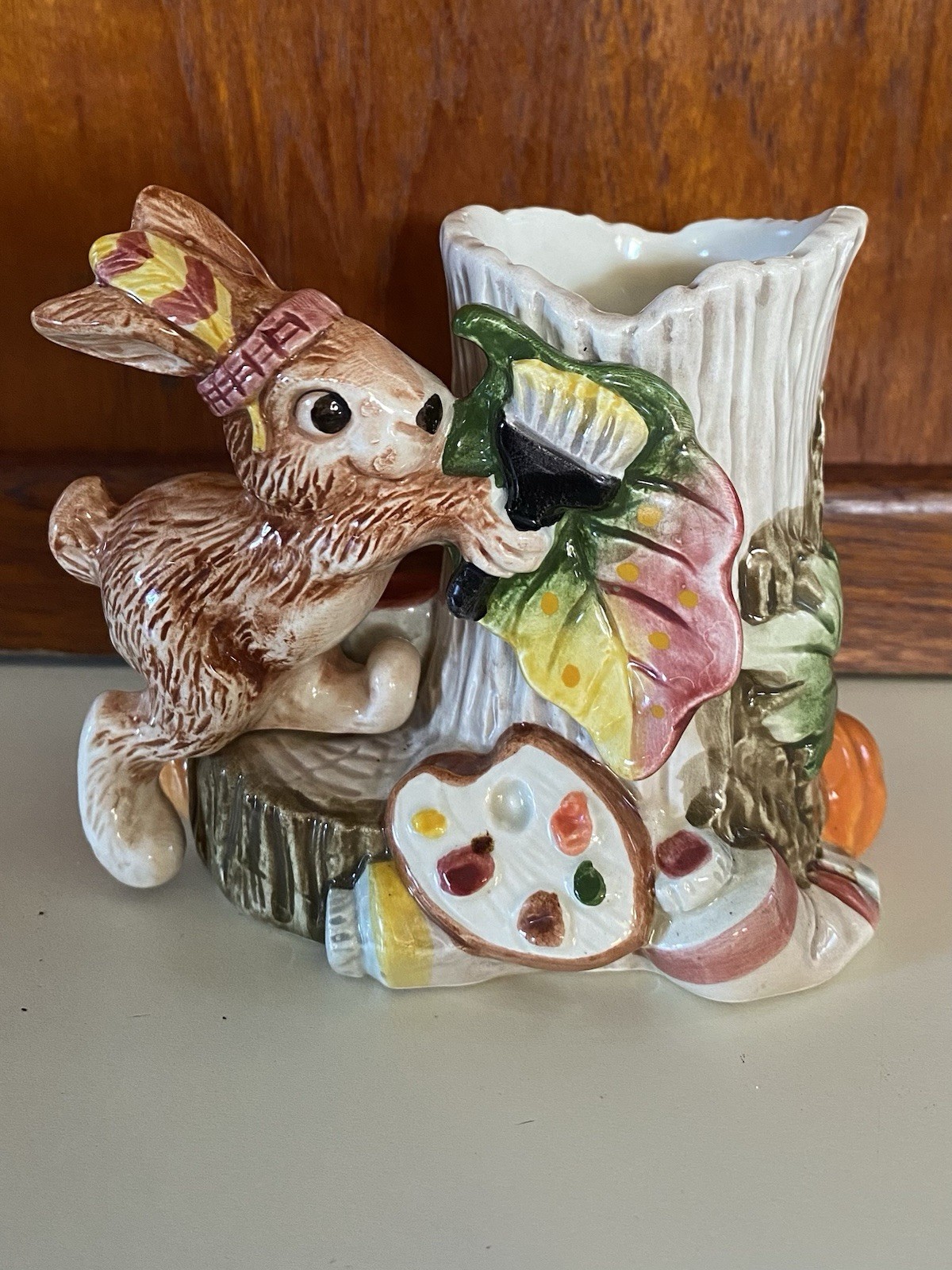 VTG Fitz and Floyd Bunny Painting A Leaf Candle Holder Fall Thanksgiving Décor