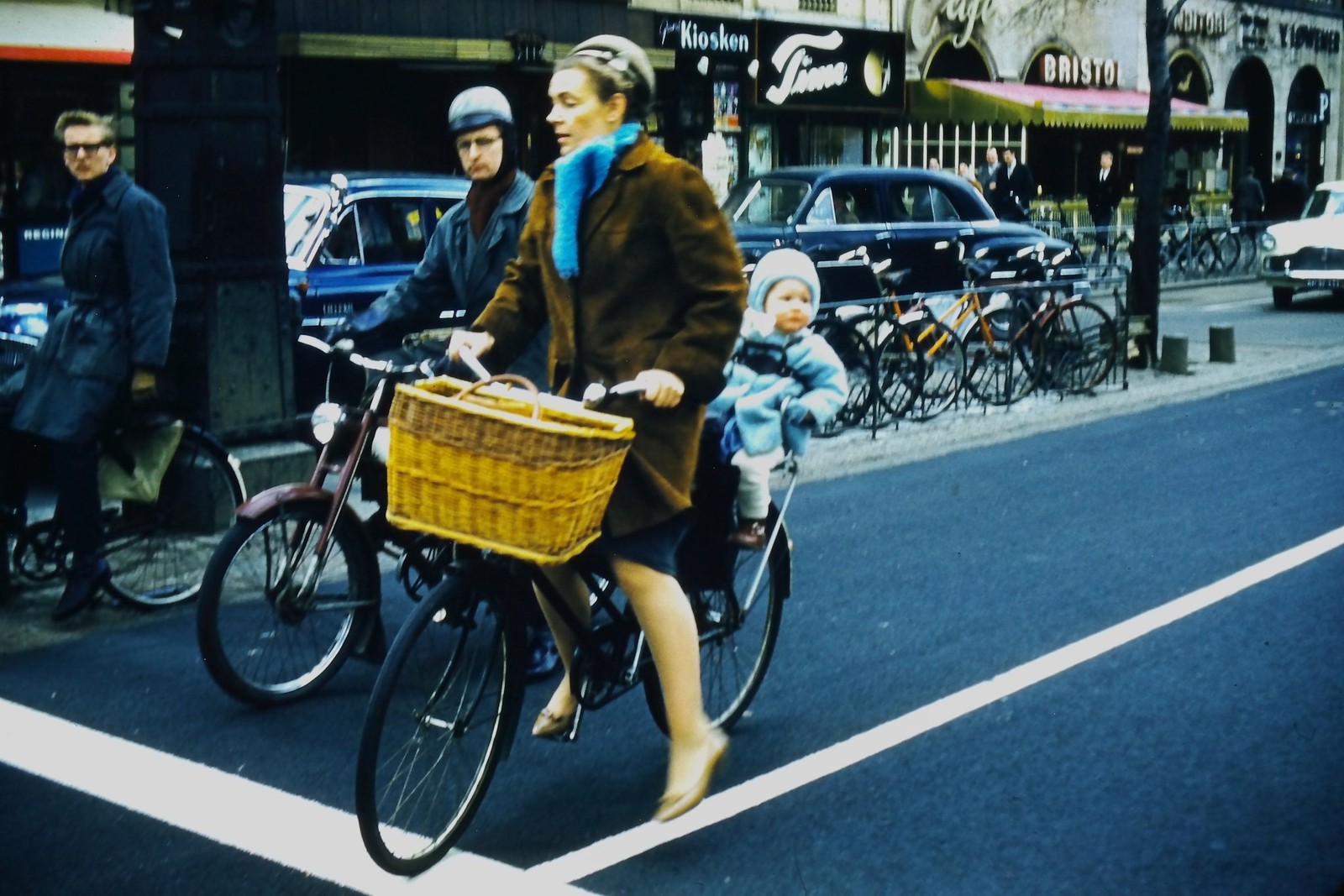 c1960\'s Kodachrome 35mm Slide, Woman Bicycle Baby, Kiosken Bristol blue mid