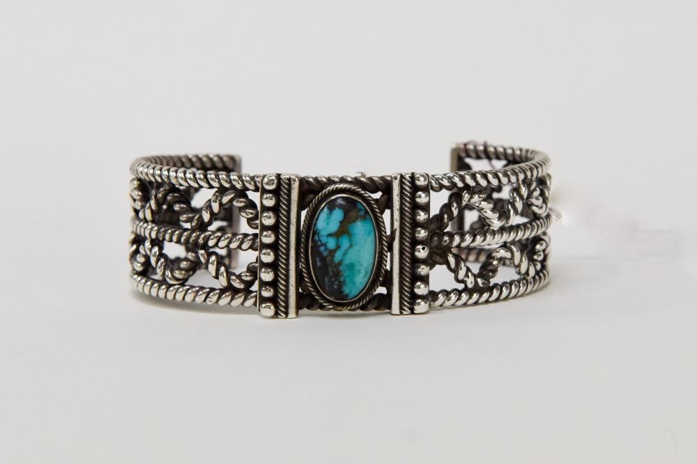 Large Navajo Bracelet with High Grade Natural Bisbee Turquoise setting