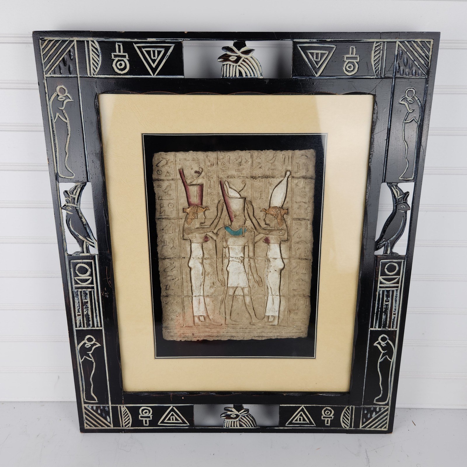 Vintage Egyptian Gods & Hieroglyphs Wall Art Relief Plaque Carved Wood Frame