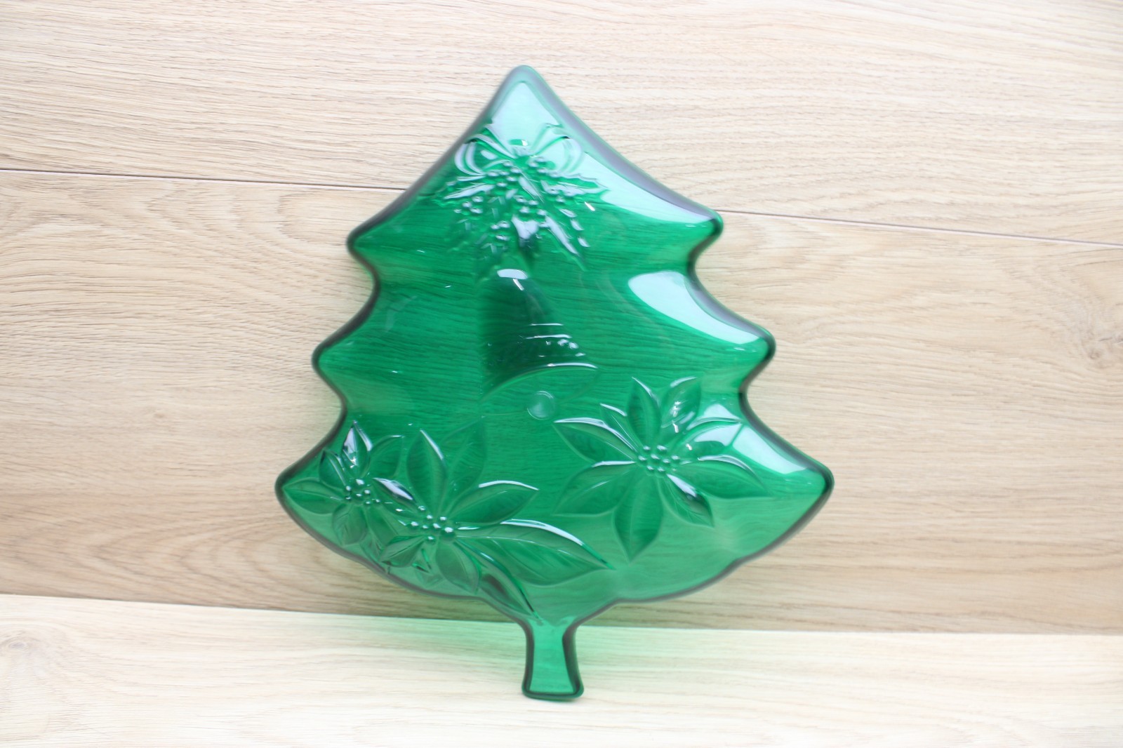 Vintage Green Plastic Christmas Tree Serving Tray Bells Poinsettias Holiday Deco