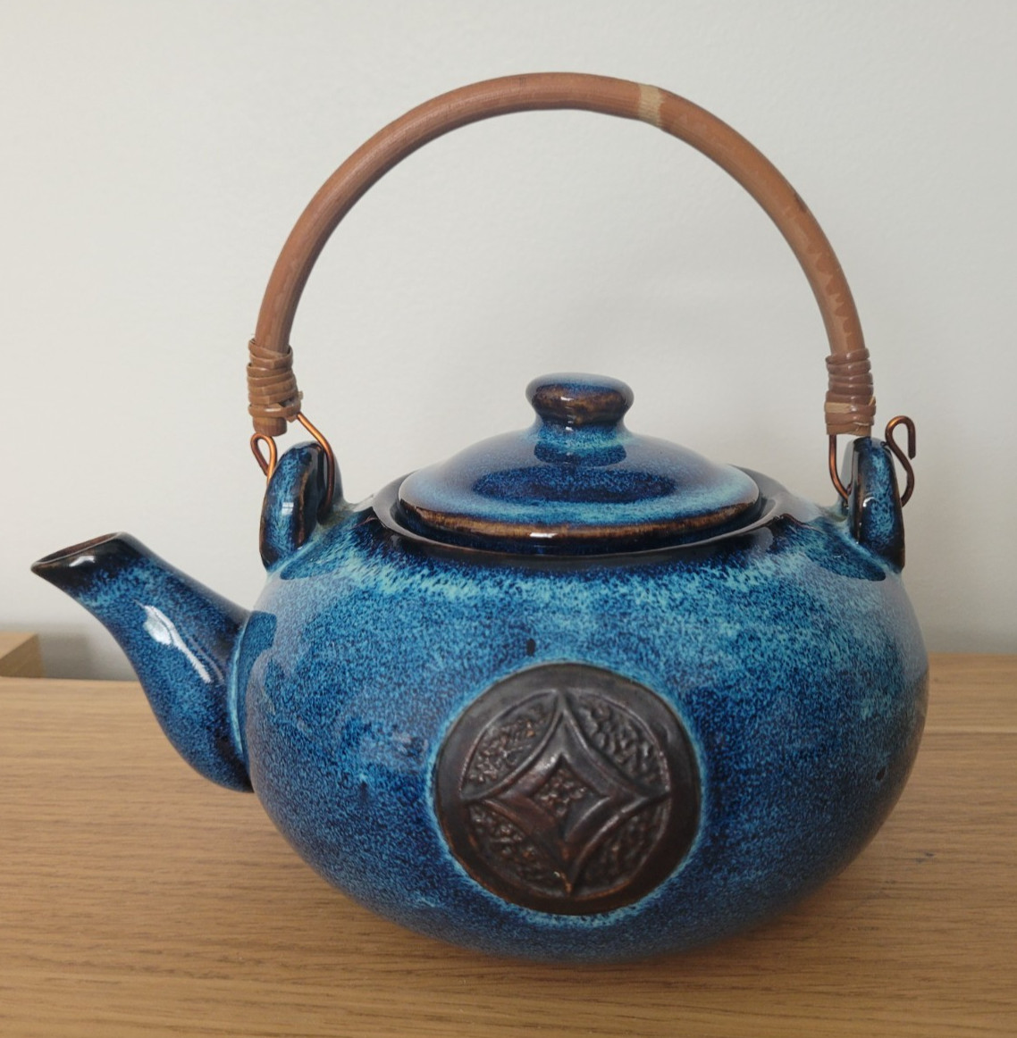 Vintage Blue Studio Pottery Teapot - 1980s glazed ceramic - textured medallion
