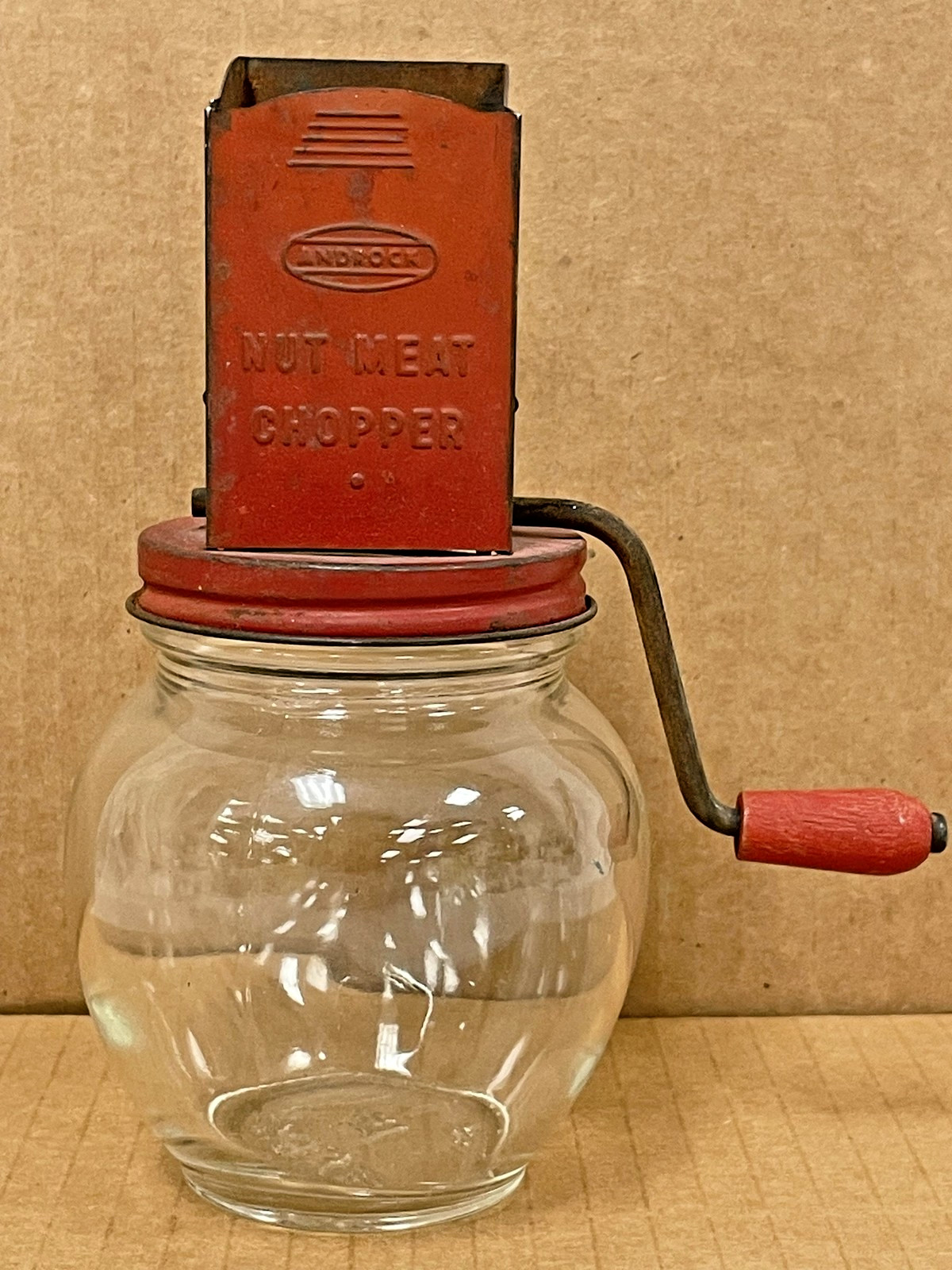 VTG Androck Nut Meat Chopper Red Hand Crank Grinder Hazel Atlas Glass 1940s