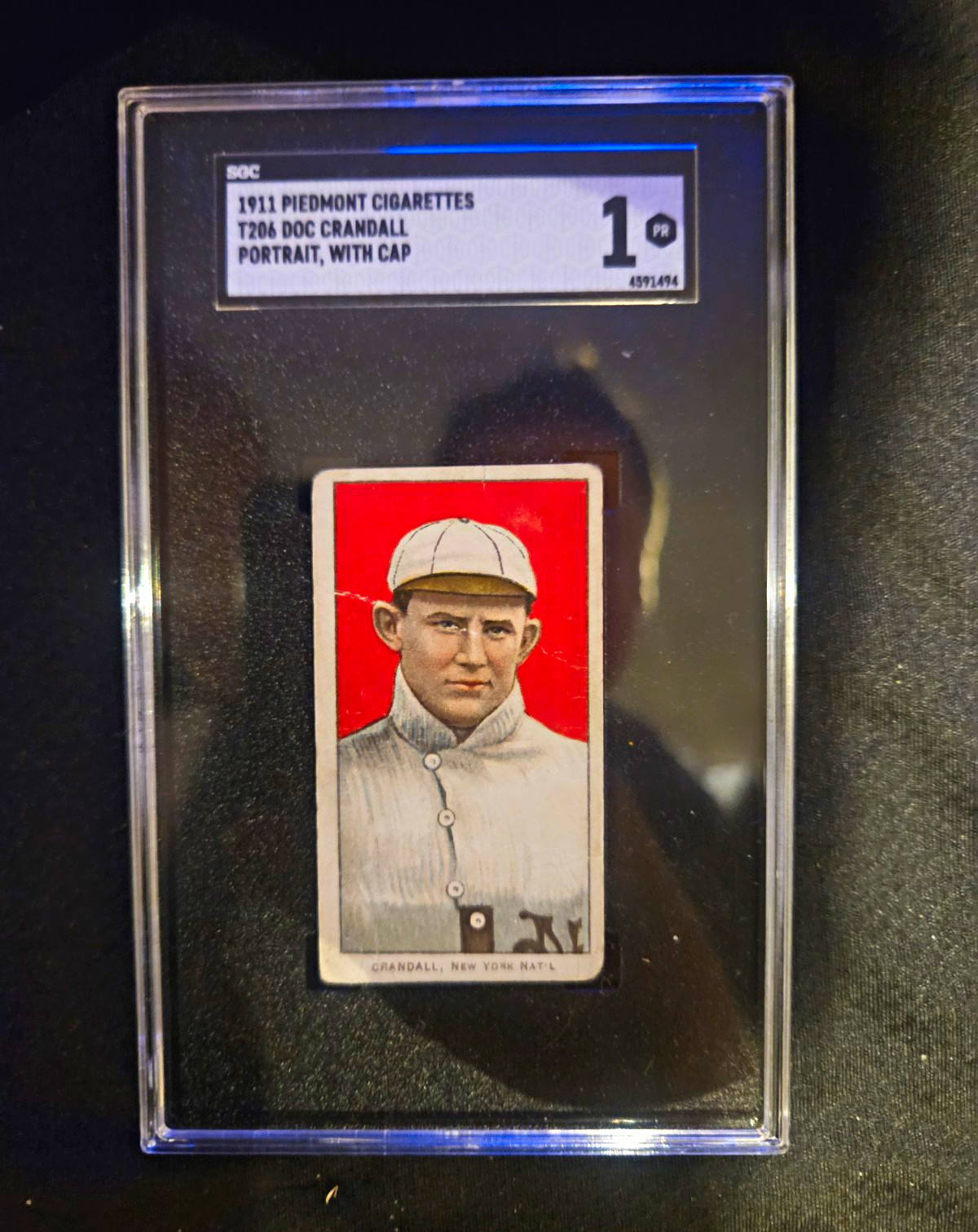 SGC 1 Graded 1911 T206 Doc Crandall Portrait With Cap Piedmont Tobacco Card SGC 1 Graded 1911 T206 Doc Crandall Portrait With Cap Piedmont Tobacco Card