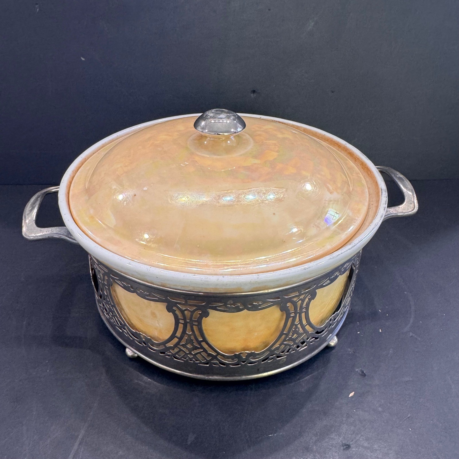 Vintage Royal Rochester Fraunfelter China Luster Casserole Dish Metal Frame 1368 Vintage Royal Rochester Fraunfelter China Luster Casserole Dish Metal Frame 1368
